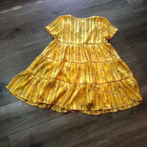 Urban Outfitters Yellow Gold Pippa Chiffon Tiered Floral Mini Dress Size XS - Picture 13 of 14
